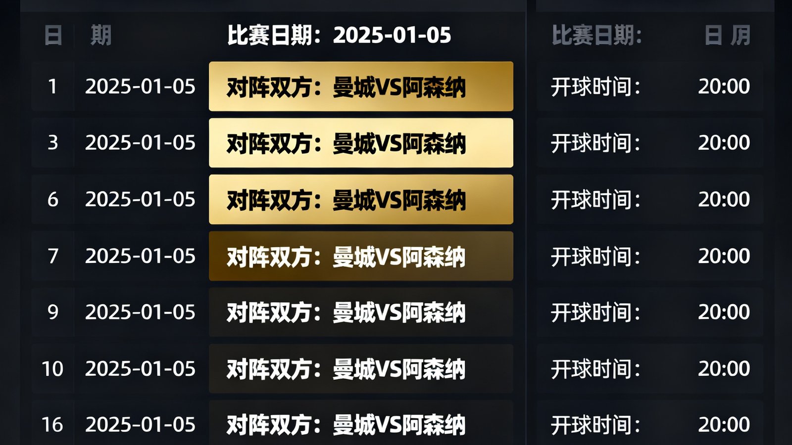 搜球吧赛程日历界面截图，清晰展示2025年1月欧洲五大联赛与欧冠淘汰赛的比赛日期、对阵双方和开球时间，界面采用深色主题配金色高亮标记焦点比赛