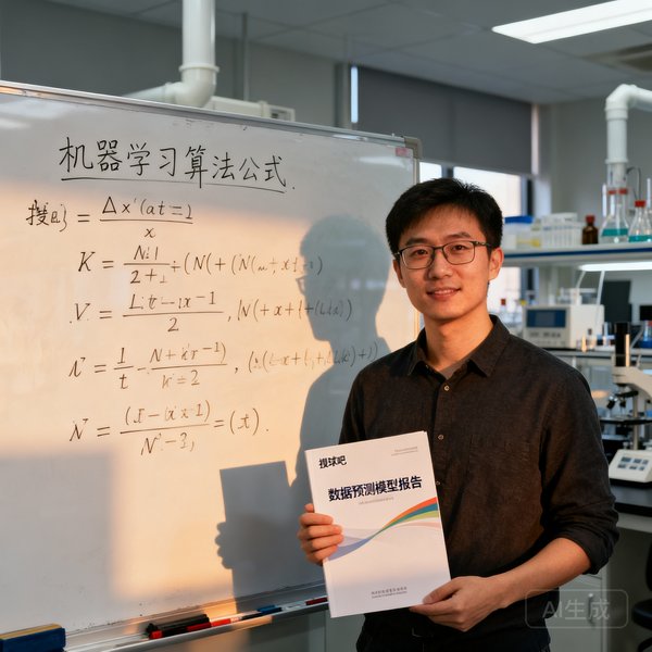 搜球吧AI实验室负责人王思远在实验室中的半身照，身后白板上写满机器学习算法公式，手持数据预测模型报告